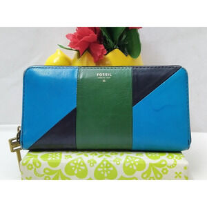 Fossil Patchwork Multicolor Leather Zip Around Credit Card Wallet